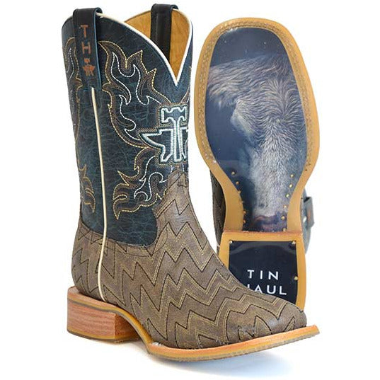 Men's Tin Haul Lightning Strikes Boots with Working Man's Sole Handcrafted Tan - yeehawcowboy