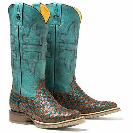 Women's Tin Haul Gitchu A Good One Boots with Barrel Racer Lug Sole Handcrafted Turquoise - yeehawcowboy