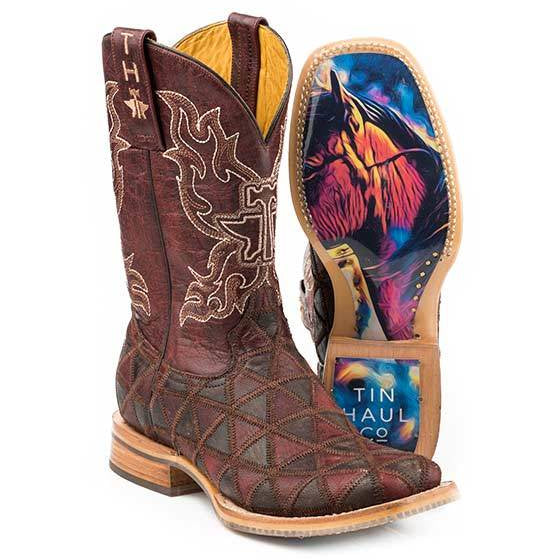 Women's Tin Haul A Cute Angle Boots With Colorful Horse Sole Handcrafted Burgundy - yeehawcowboy