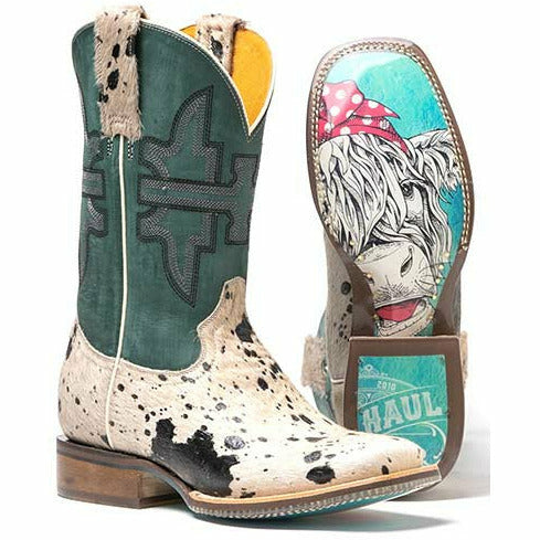 Women's Tin Haul Shaggy Spot Boots Priceless Sole Handcrafted White - yeehawcowboy