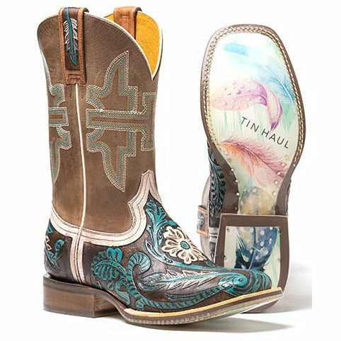 Women's Tin Haul Lone Flower Boots Boho Feather Sole Handcrafted Brown - yeehawcowboy
