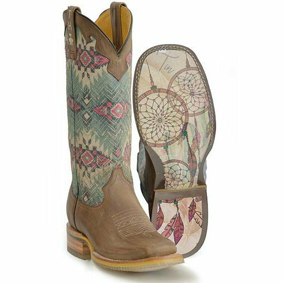 Women's Tin Haul Southwest Dreamer Boots Dream Catcher Sole Handcrafted Brown - yeehawcowboy