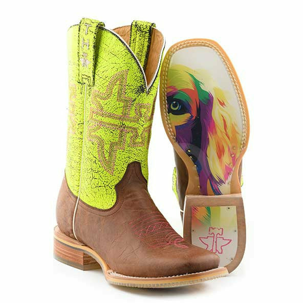 Women's Tin Haul Neon Glow Boots Girls 2Nd Best Friend Sole Handcrafted Brown - yeehawcowboy