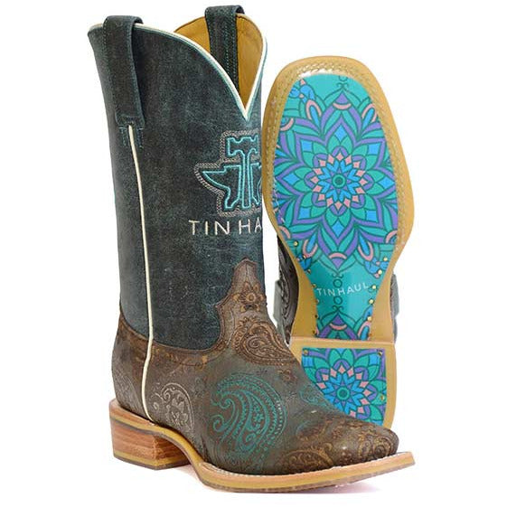 Women's Tin Haul Paisley Breeze Boots with Mandalas Sole Handcrafted Brown - yeehawcowboy