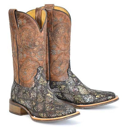 Women's Tin Haul Paisley Python Print Boots with Country Road Sole Handcrafted Brown - yeehawcowboy