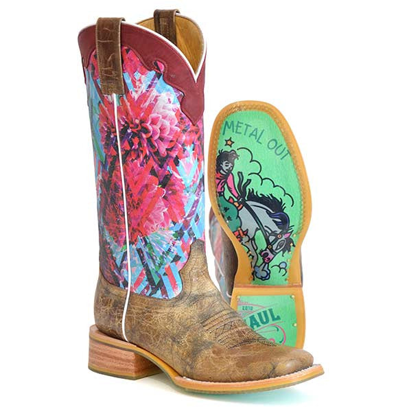 Women's Tin Haul Blooming Free Boots with Retro Cowgirl Sole Handcrafted Brown - yeehawcowboy