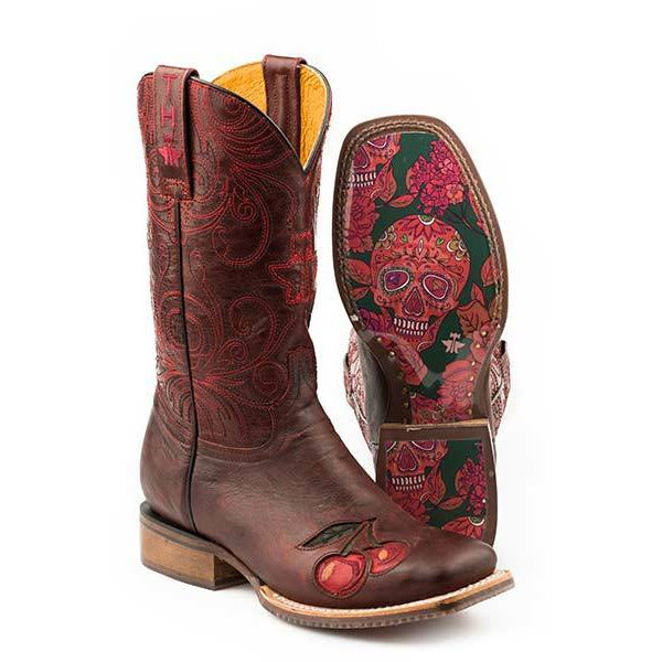 Women's Tin Haul Mon Cherry Boots With Skull And Roses Sole Handcrafted - yeehawcowboy