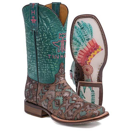 Women's Tin Haul Printed Warrior Boots with Headdress Sole Handcrafted Brown - yeehawcowboy