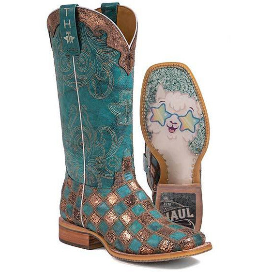 Women's Tin Haul No Probl- Lama with LLama Sole Boots Handcrafted Turquoise - yeehawcowboy