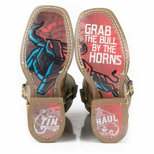 Kid's Tin Haul Keep Out Boots Bull Horn Sole Handcrafted Brown - yeehawcowboy