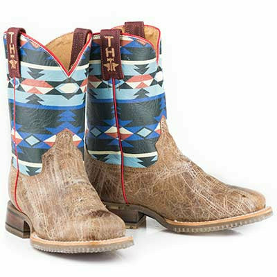 Kid's Tin Haul Awesome Aztec Boots Bull Skull Sole Handcrafted Brown - yeehawcowboy