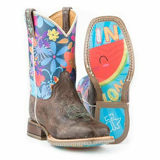 Kid's Tin Haul Bloomin Flowers Boots One In A Melon Sole Handcrafted Tan - yeehawcowboy