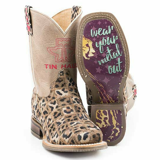 Kid's Tin Haul Wild Patch Boots With Cheetah Sole Handcrafted Tan - yeehawcowboy