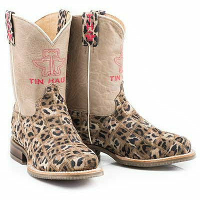 Kid's Tin Haul Wild Patch Boots With Cheetah Sole Handcrafted Tan - yeehawcowboy