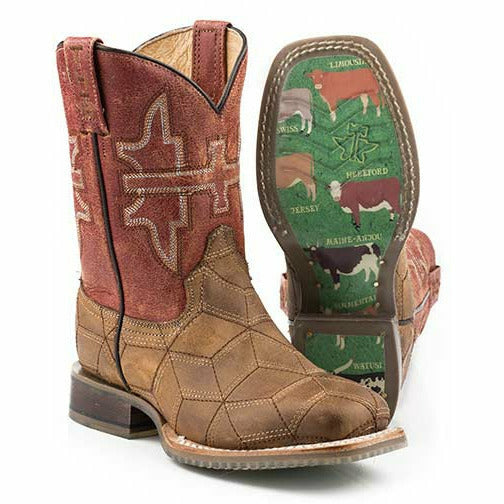 Kid's Tin Haul 3D Illusion Boots with Cattle Sole Handcrafted Brown - yeehawcowboy