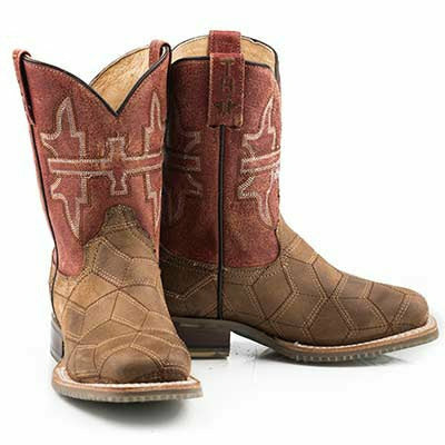 Kid's Tin Haul 3D Illusion Boots with Cattle Sole Handcrafted Brown - yeehawcowboy