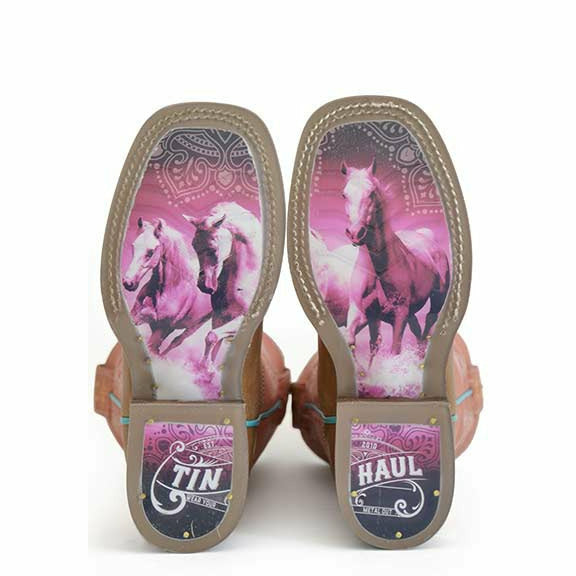 Kid's Tin Haul Split Horse Boots with Horses Sole Handcrafted Brown - yeehawcowboy