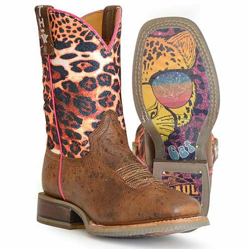 Kid's Tin Haul Cheetah Sparkles Boots Cool Cat Sole Handcrafted Brown - yeehawcowboy