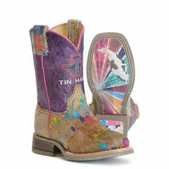 Kid's Tin Haul Spotty Boots Colorful Cattle Sole Handcrafted Brown - yeehawcowboy