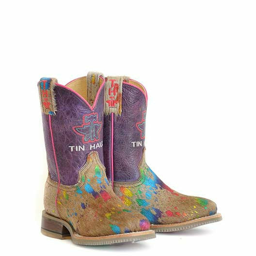 Kid's Tin Haul Spotty Boots Colorful Cattle Sole Handcrafted Brown - yeehawcowboy
