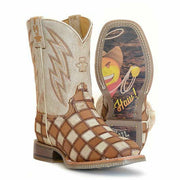 Kid's Tin Haul Check It Out Boots Roper Emoji Sole Handcrafted Tan - yeehawcowboy