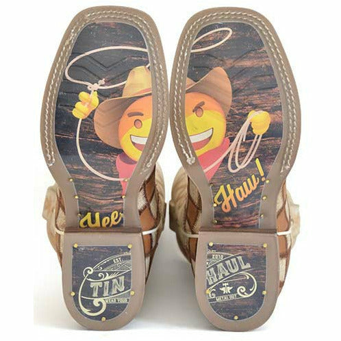 Kid's Tin Haul Check It Out Boots Roper Emoji Sole Handcrafted Tan - yeehawcowboy