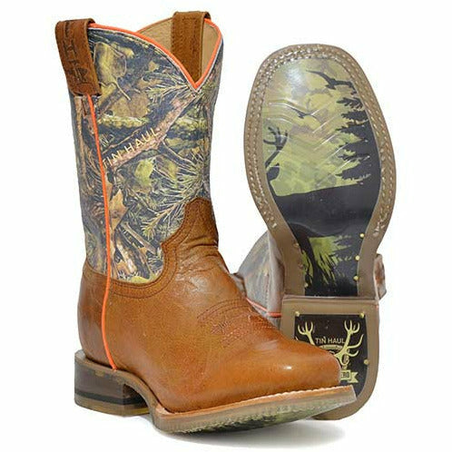 Kid's Tin Haul Born To Be Outdoors Boots Hunting Hero Sole Handcrafted Brown - yeehawcowboy