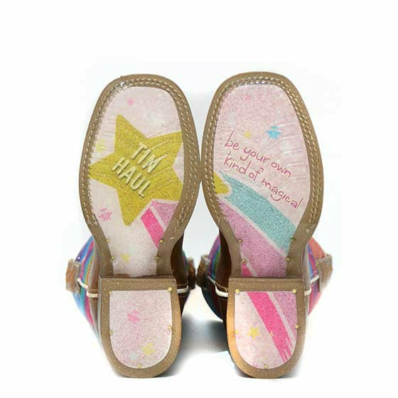 Kid's Tin Haul Rainbow Sparkles Boots Magical Star Sole Handcrafted Tan - yeehawcowboy