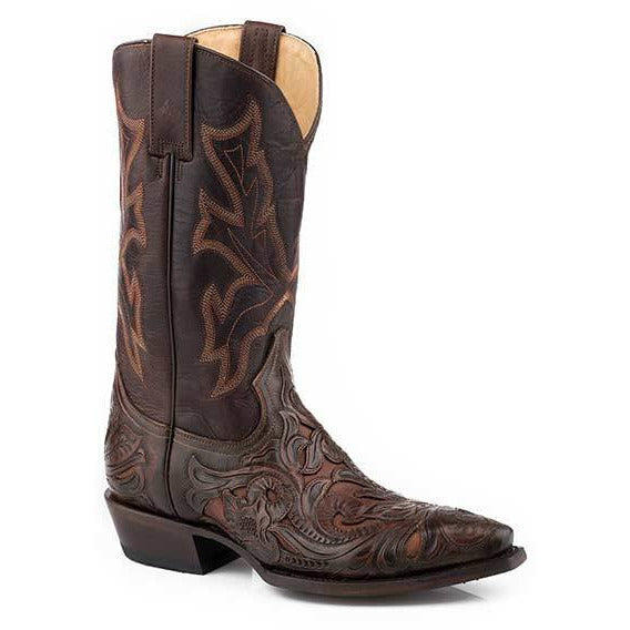 Men's Stetson Handtooled Wicks Leather Boots Handcrafted Cognac - yeehawcowboy
