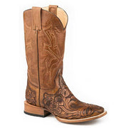 Men's Stetson Handtooled Wicks Leather Boots Handcrafted Tan - yeehawcowboy