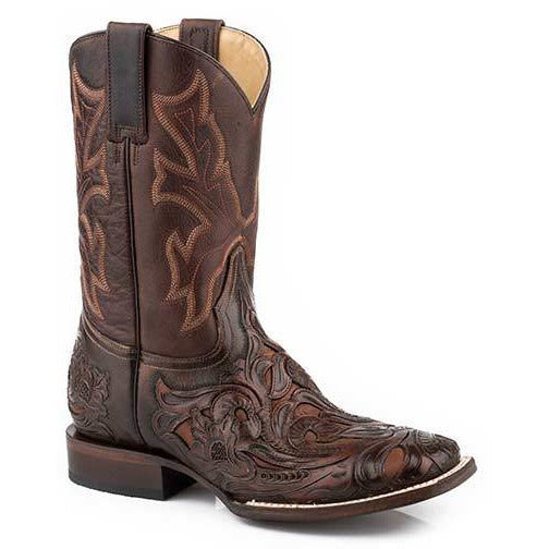 Men's Stetson Handtooled Wicks  Leather Boots Handcrafted Cognac - yeehawcowboy