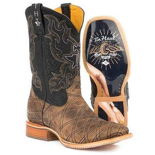 Men's Tin Haul What's Your Angle Boot With Pin Up Girl Sole Handmade Brown - yeehawcowboy