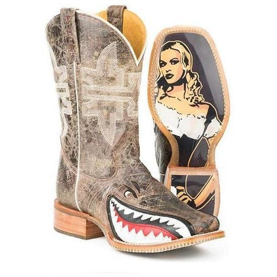 Men's Tin Haul Toastin A Gnarly Shark Boots With Beer Girl Sole Handmade Brown - yeehawcowboy