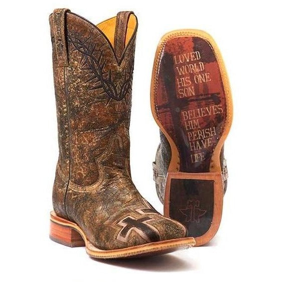 Men's Tin Haul John 3:16 Boots With Bible Verse Sole Handcrafted Brown - yeehawcowboy