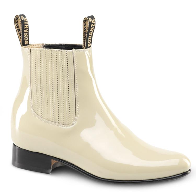 Men's Bonanza Botines Charro Boots Patent Leather Handcrafted Bone - yeehawcowboy