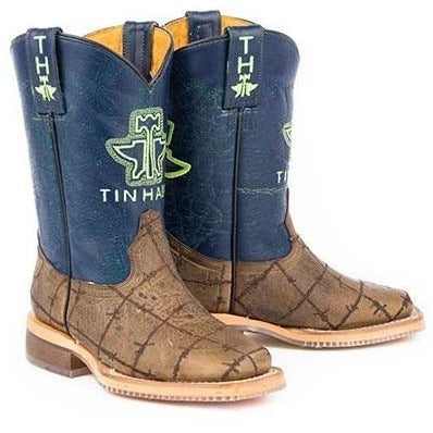 Kid's Tin Haul Barbed Wire Boots With All Beef Sole Sole Handcrafted Brown - yeehawcowboy
