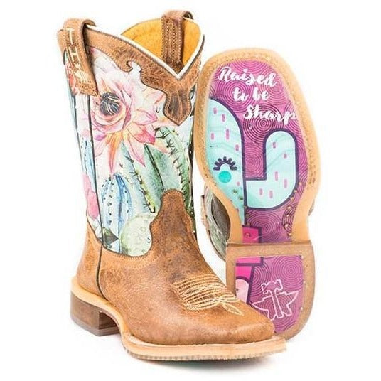 Kid's Tin Haul Cactilicious Boots With Raised To Be Sharp Sole Handcrafted Tan - yeehawcowboy