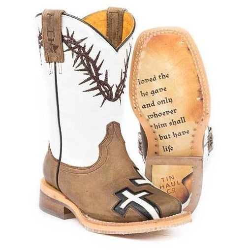 Kid's Tin Haul Crosses Boots With Jonh 3: 16 Sole Handcrafted Tan - yeehawcowboy