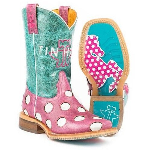 Kid's Tin Haul Little Miss Dotty Boots With Horse A Dot Sole Handcrafted Pink - yeehawcowboy