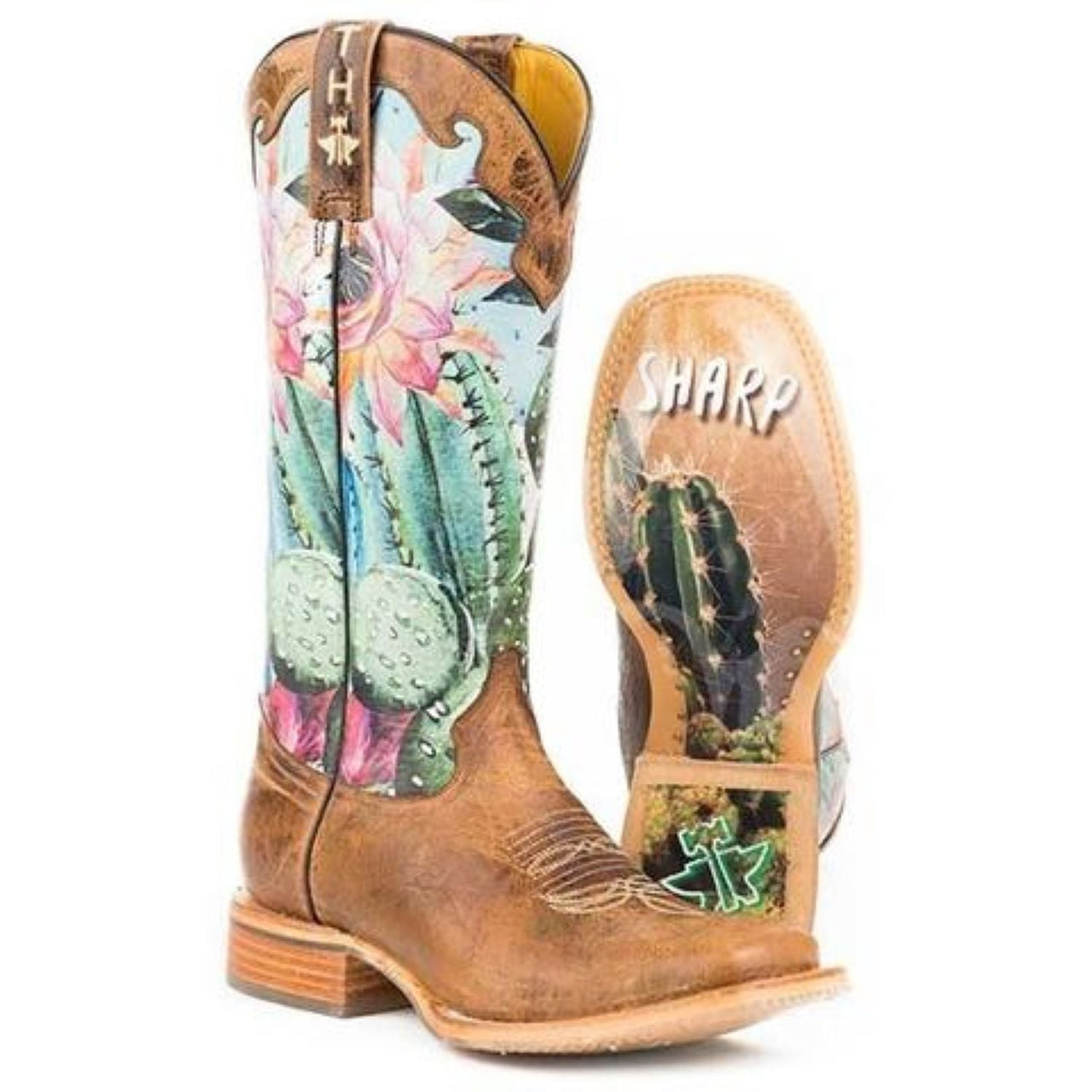 Women‚Äôs Tin Haul Cactilicious Boots With Looking Sharp Sole Handmade Brown - yeehawcowboy
