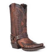Men's Stetson Biker Outlaw Eagle Boots Square Rocker Toe Handcrafted Brown - yeehawcowboy