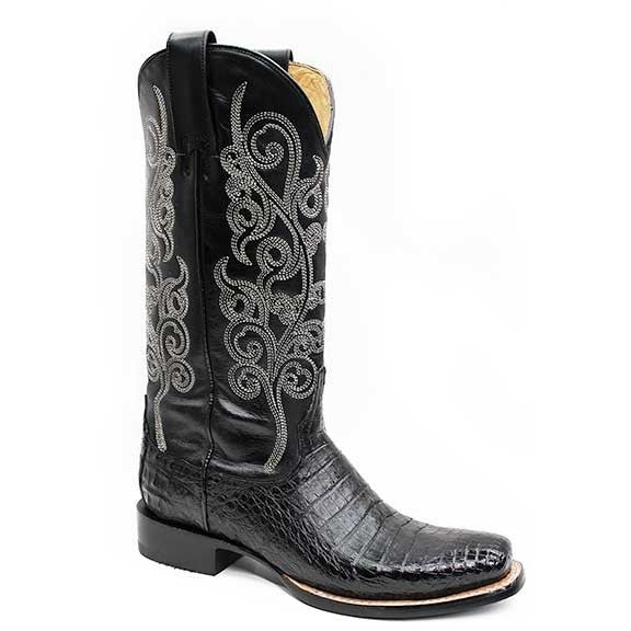 Women's Stetson Josie Caiman Belly Boots Square Toe Handcrafted Black - yeehawcowboy