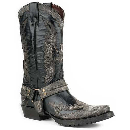 Men's Stetson Biker Outlaw Eagle Boots Handcrafted Distressed Black - yeehawcowboy