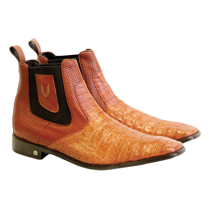 Men's Vestigium Genuine Caiman Belly Chelsea Boots Handcrafted Cognac - yeehawcowboy