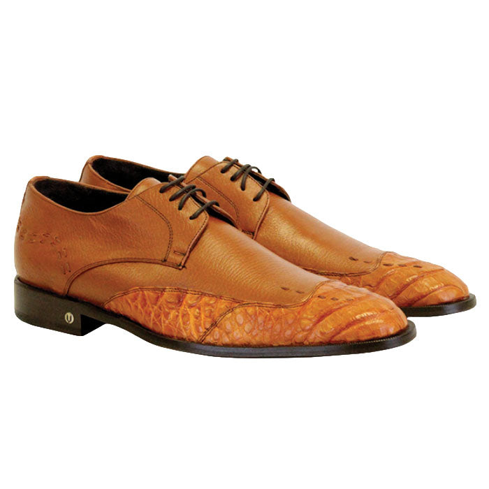 Men's Vestigium Genuine Caiman Belly Derby Shoes Handcrafted Cognac - yeehawcowboy
