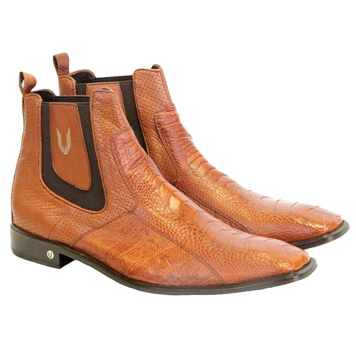 Men's Vestigium Genuine Ostrich Leg Chelsea Boots Handcrafted Cognac - yeehawcowboy